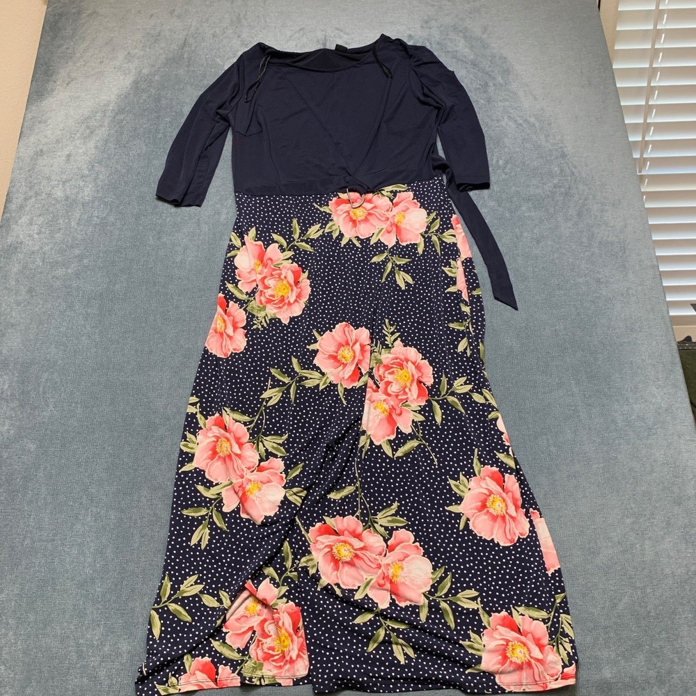 En Focus Studio Maxi Dress Womens 14 Navy Floral Polka Dot Boho Stretch Belted